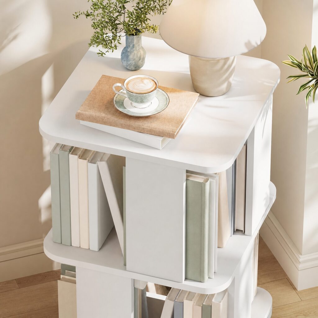 White 2-Tier Rotating Wood Bookshelf 15.7" x 15.7" x 24.5" - 360° Spinning Corner Bookcase, Freestanding Storage Rack for Living Room, Bedroom & Small Spaces