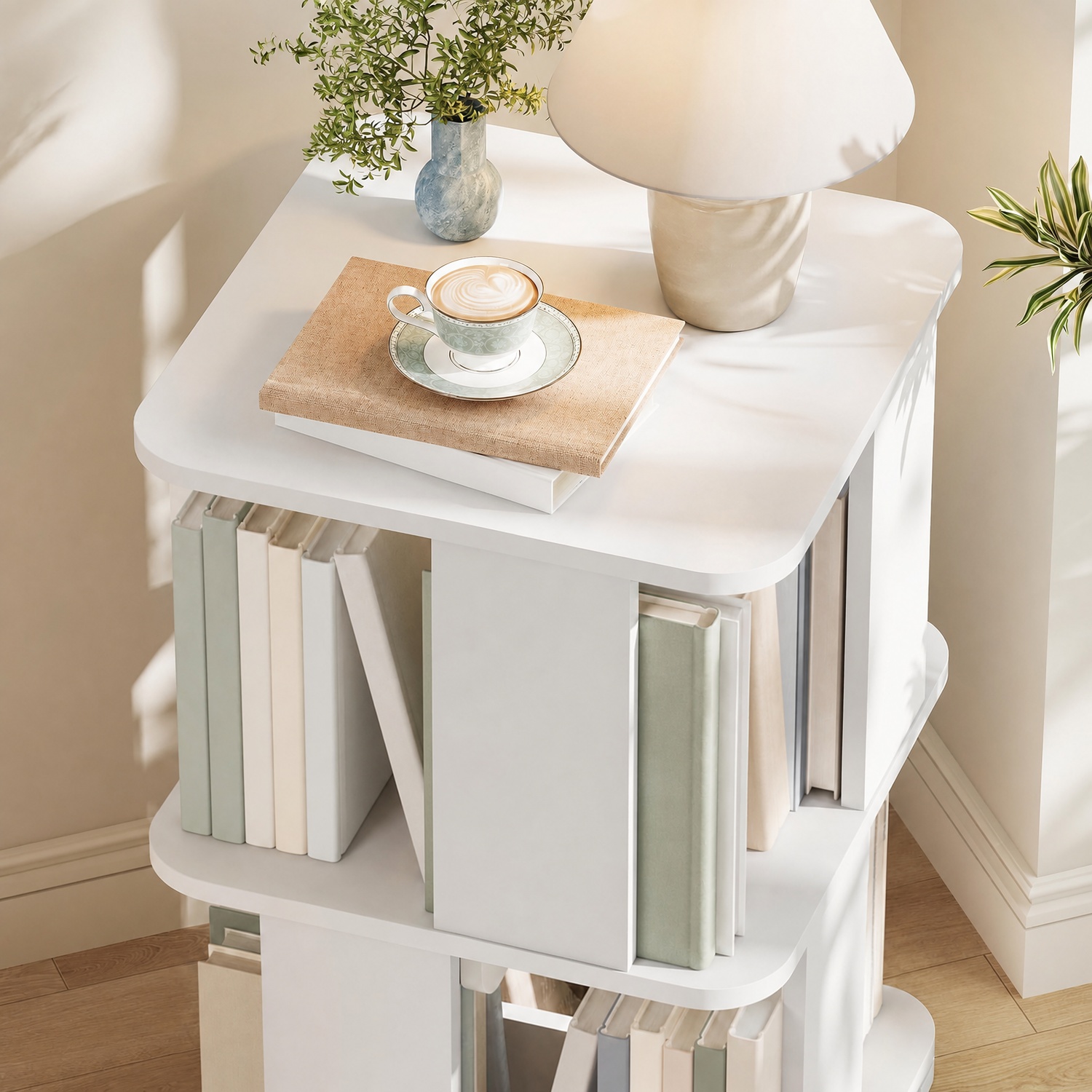 White 2-Tier Rotating Wood Bookshelf 15.7" x 15.7" x 24.5" - 360° Spinning Corner Bookcase, Freestanding Storage Rack for Living Room, Bedroom & Small Spaces