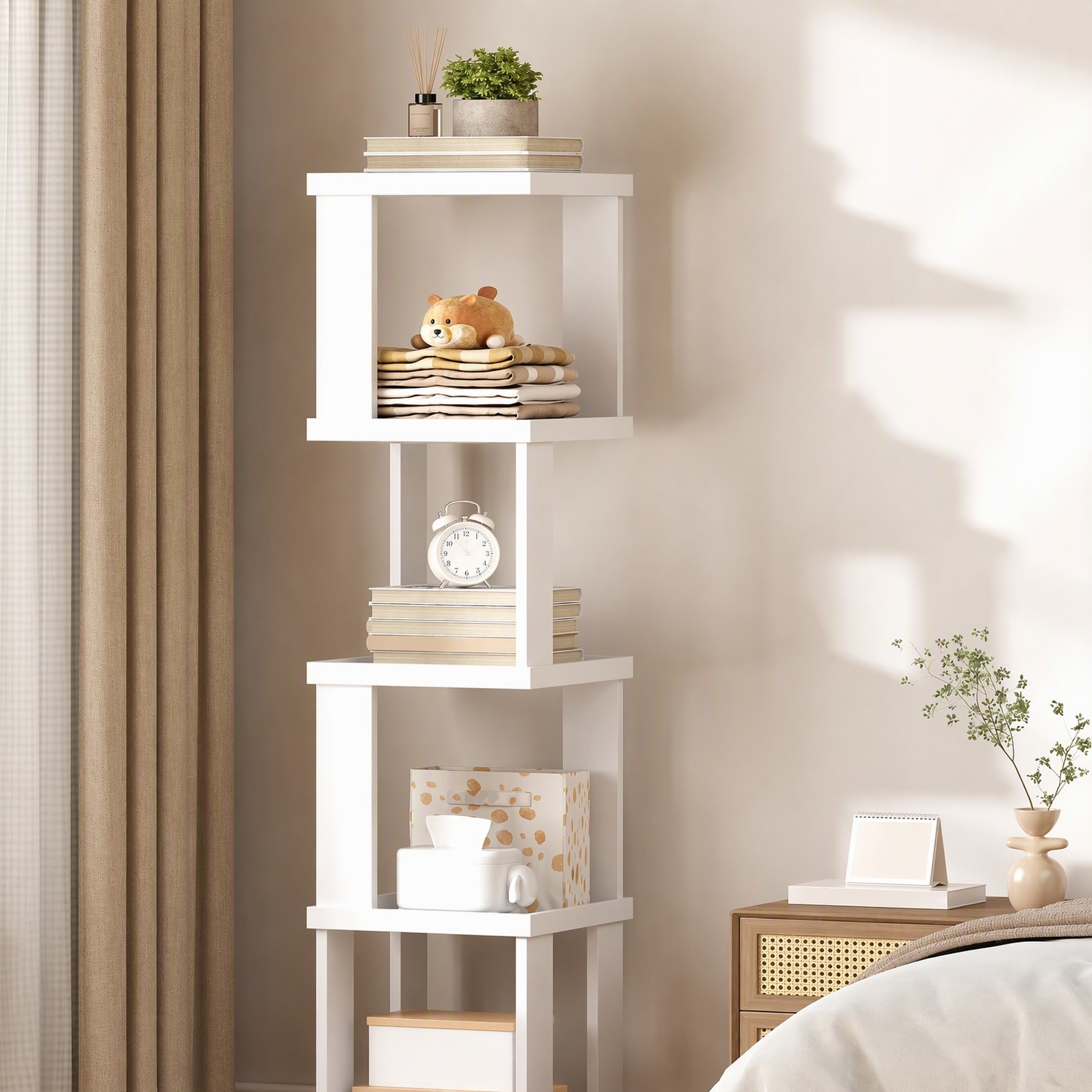 5-Tier 360° Rotating Wooden Bookshelf - Narrow Corner Bookcase, Freestanding Spinning Storage Rack for Living Room, Bedroom, Office & Small Spaces, Natural Wood Finish