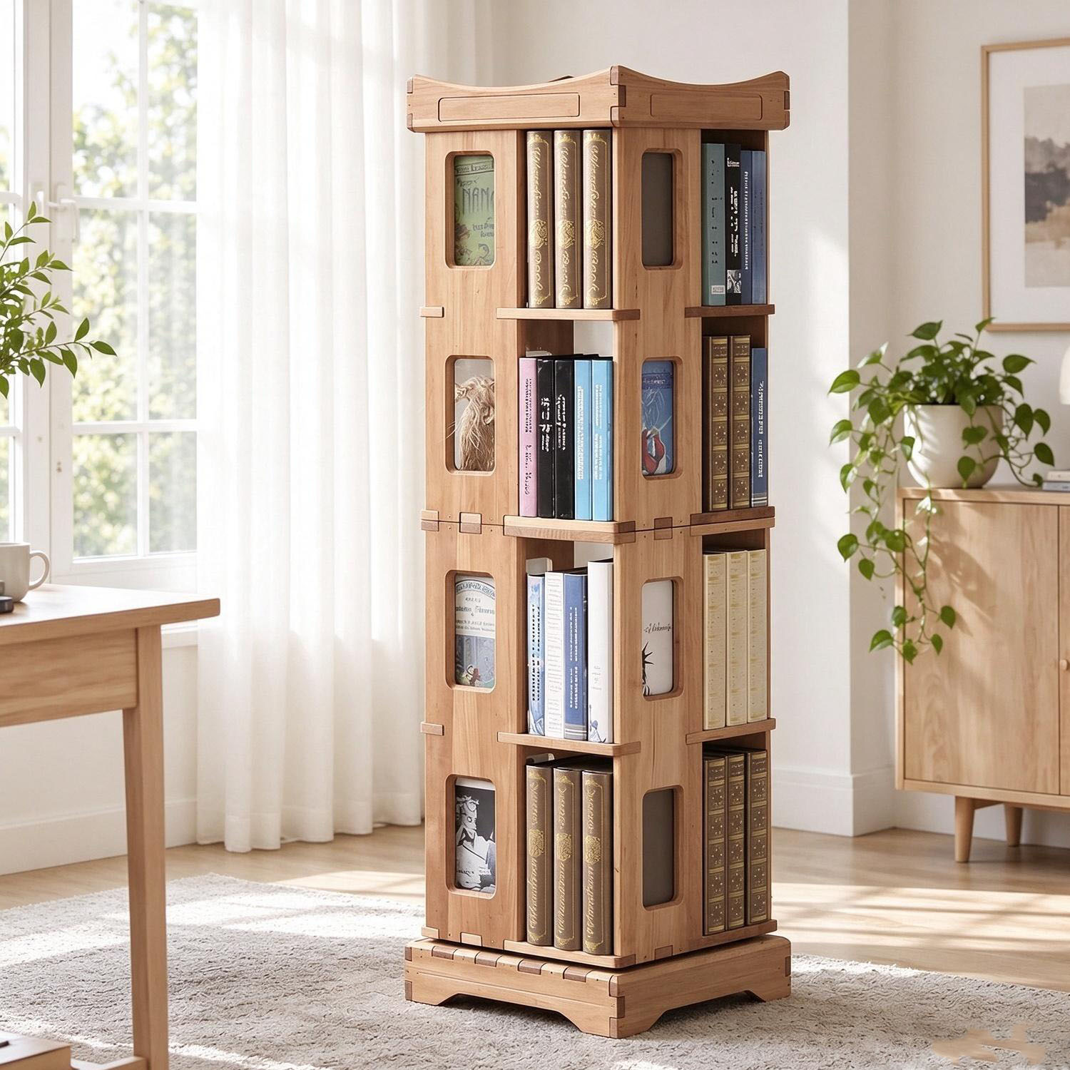 4-Tier Solid Wood Rotating Bookshelf - 360° Revolving Bookcase, Freestanding Storage Rack for Living Room, Bedroom, Office & Small Spaces, Natural Finish - Image 2