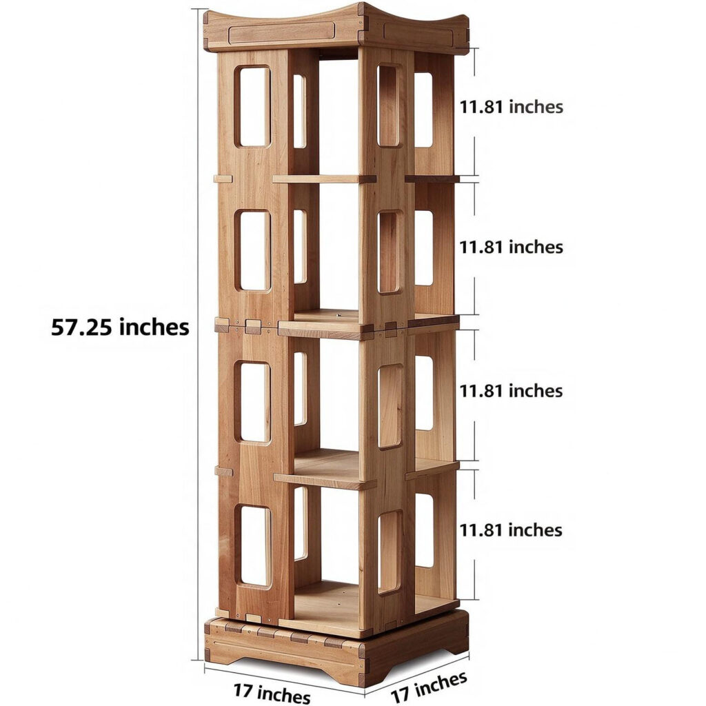 4-Tier Solid Wood Rotating Bookshelf - 360° Revolving Bookcase, Freestanding Storage Rack for Living Room, Bedroom, Office & Small Spaces, Natural Finish