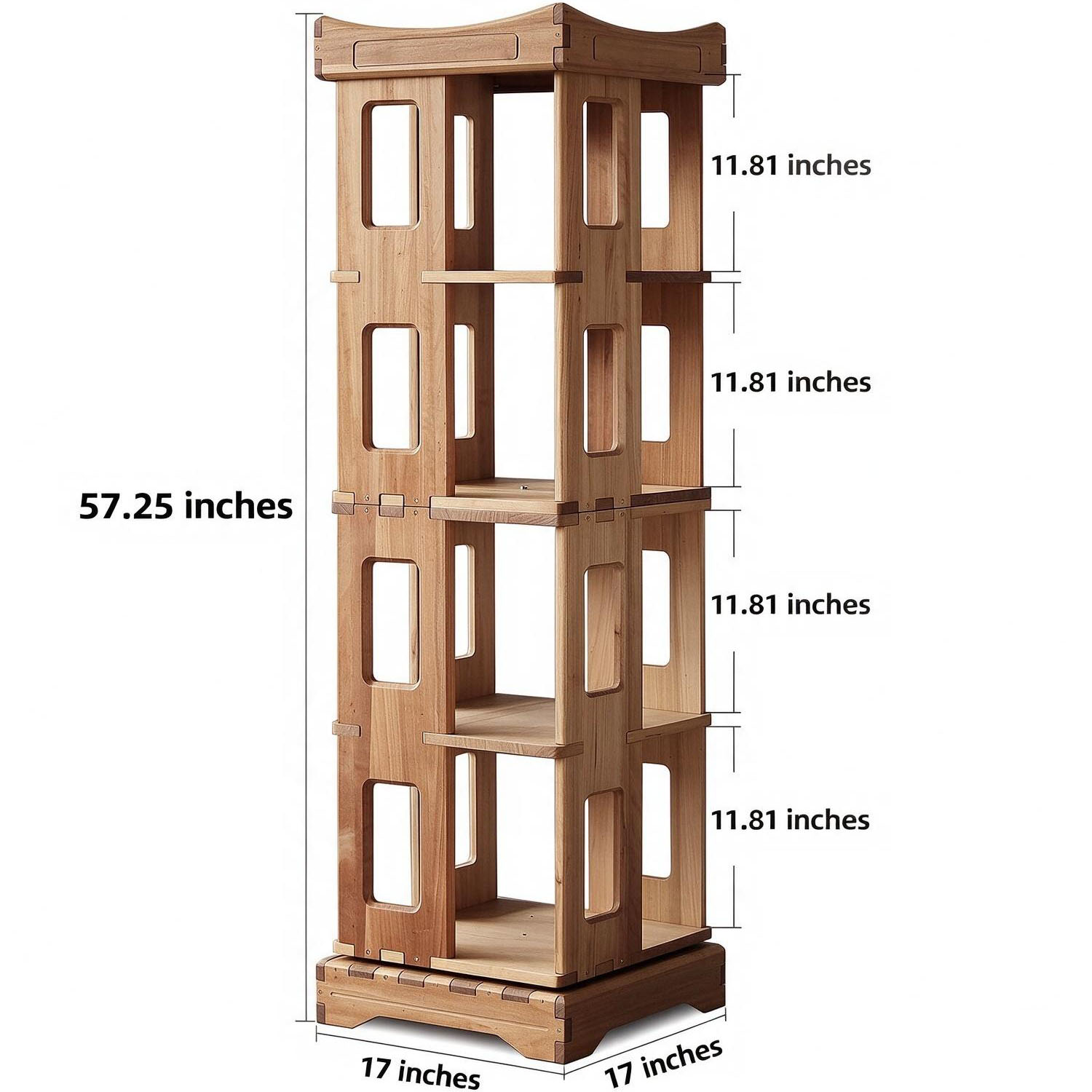 4-Tier Solid Wood Rotating Bookshelf - 360° Revolving Bookcase, Freestanding Storage Rack for Living Room, Bedroom, Office & Small Spaces, Natural Finish