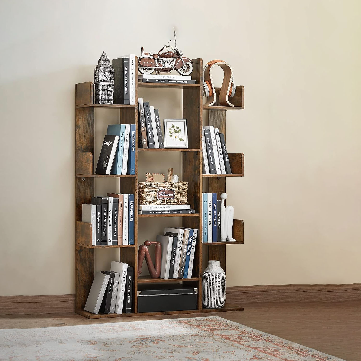 Irregular Wooden Bookcase 9.8" x 33.9" x 55.1" - Modern Freestanding Display Storage Rack, Tall Narrow Organizer for Living Room, Bedroom & Home Office - Image 2