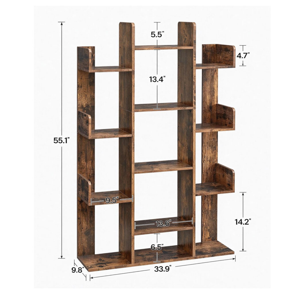 Irregular Wooden Bookcase 9.8" x 33.9" x 55.1" - Modern Freestanding Display Storage Rack, Tall Narrow Organizer for Living Room, Bedroom & Home Office