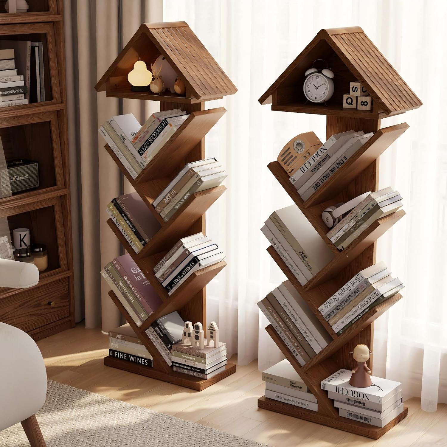Tree Bookshelf Tall Narrow Walnut Wooden Bookcase - Floor Standing Storage Rack with Branch Design, Modern Organizer for Living Room, Bedroom & Home Office - Image 2