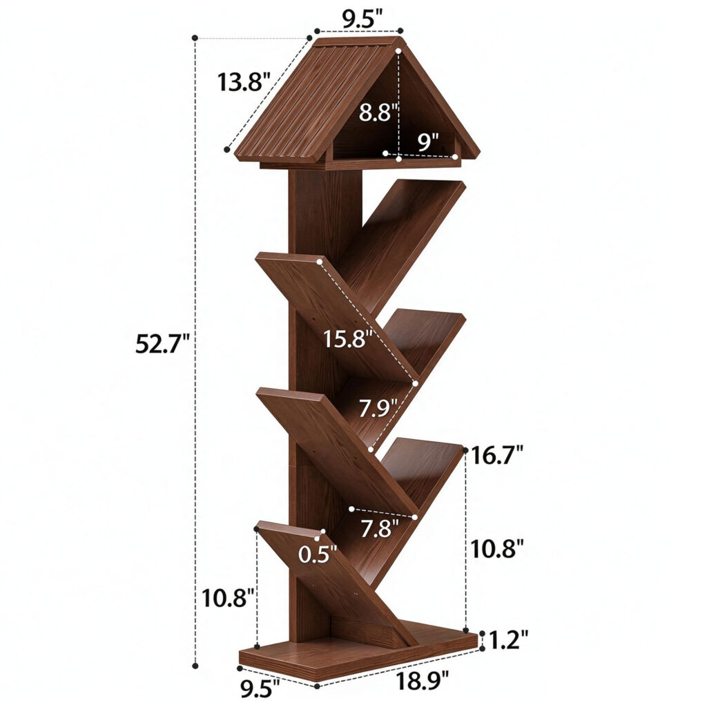 Tree Bookshelf Tall Narrow Walnut Wooden Bookcase - Floor Standing Storage Rack with Branch Design, Modern Organizer for Living Room, Bedroom & Home Office