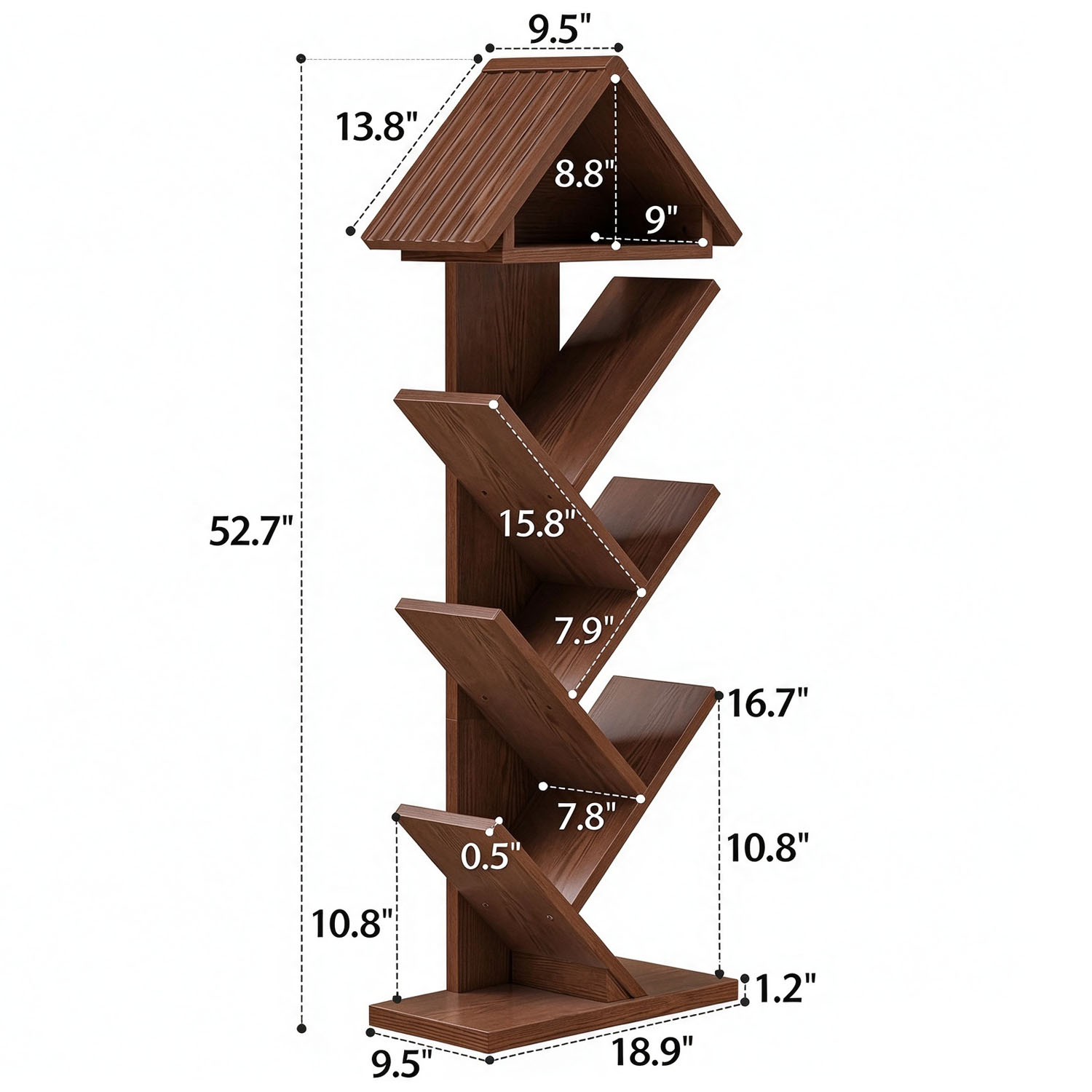Tree Bookshelf Tall Narrow Walnut Wooden Bookcase - Floor Standing Storage Rack with Branch Design, Modern Organizer for Living Room, Bedroom & Home Office