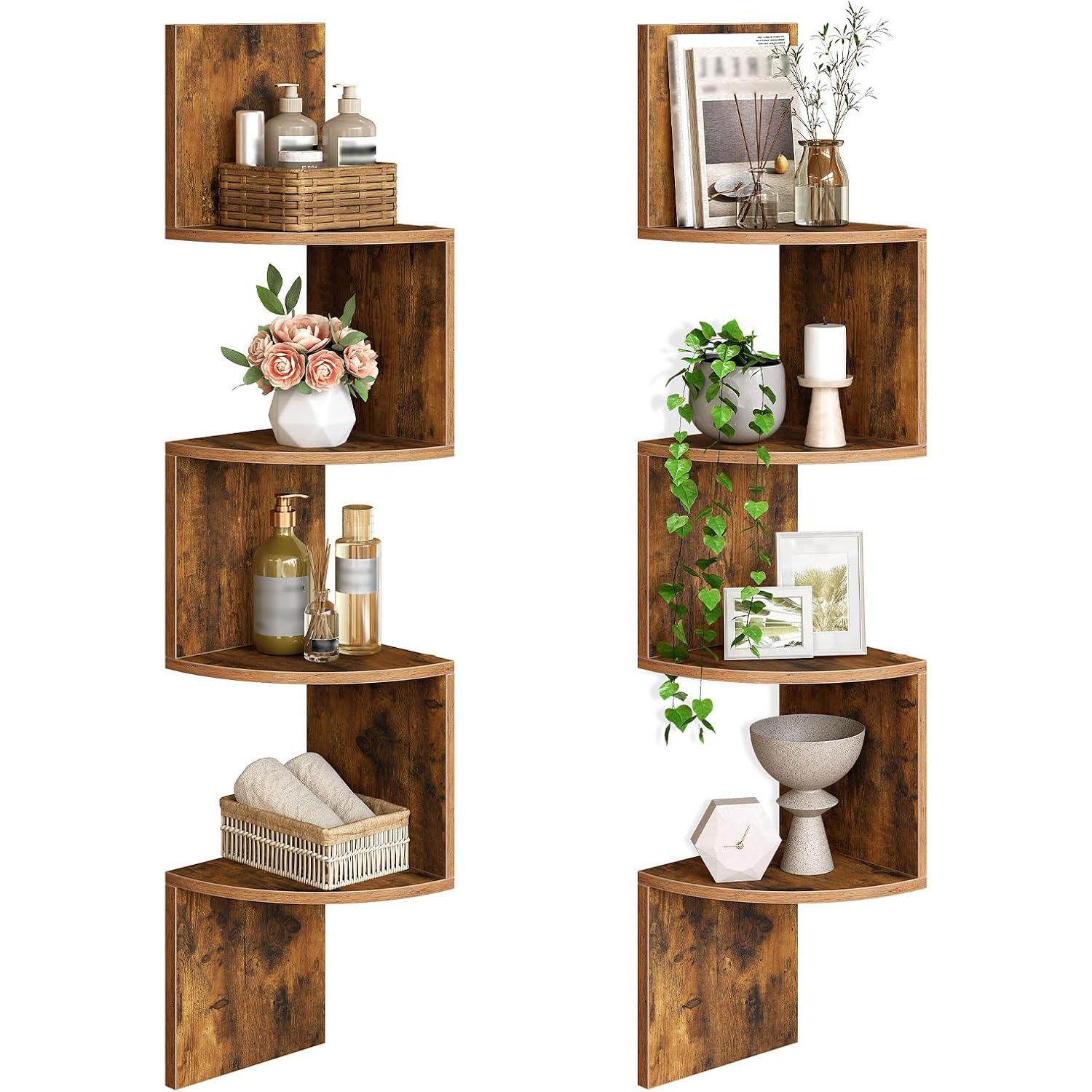 4-Tier Wooden Corner Shelf Set of 2 - 7.9" x 7.9" x 41.3" Floating Wall Storage Rack, Rustic Brown Zigzag Corner Shelves for Living Room, Bedroom & Home Office - Image 2