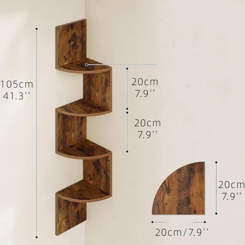 4-Tier Wooden Corner Shelf Set of 2 - 7.9" x 7.9" x 41.3" Floating Wall Storage Rack, Rustic Brown Zigzag Corner Shelves for Living Room, Bedroom & Home Office