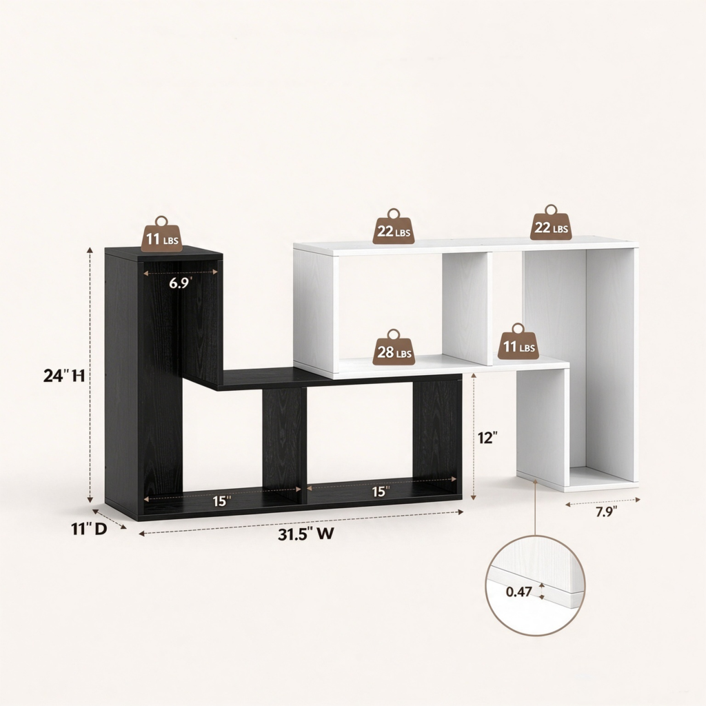 2-Piece L-Shaped Stackable Bookcase - Modular Storage Display Shelf, Freestanding Cube Organizer for Living Room, Bedroom & Home Office, Reversible Corner Configuration