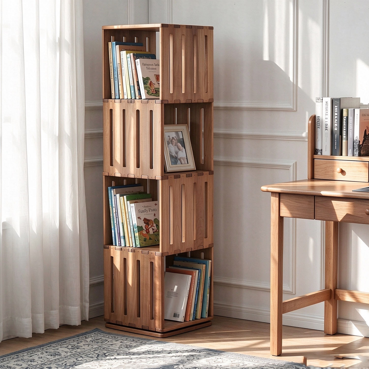5-Tier Solid Wood Rotating Bookshelf Tower - 360° Spinning Bookcase, Freestanding Narrow Corner Organizer for Living Room, Bedroom, Home Office & Small Spaces - Image 2