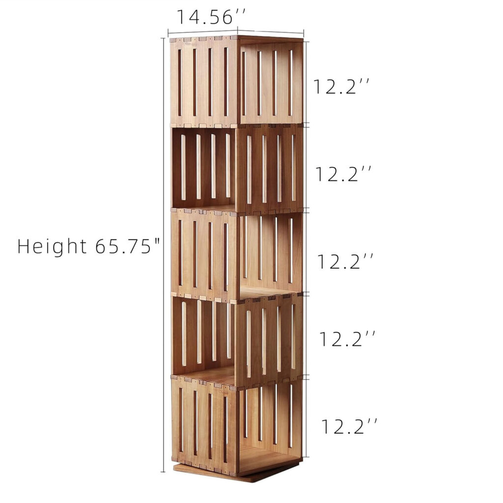 5-Tier Solid Wood Rotating Bookshelf Tower - 360° Spinning Bookcase, Freestanding Narrow Corner Organizer for Living Room, Bedroom, Home Office & Small Spaces