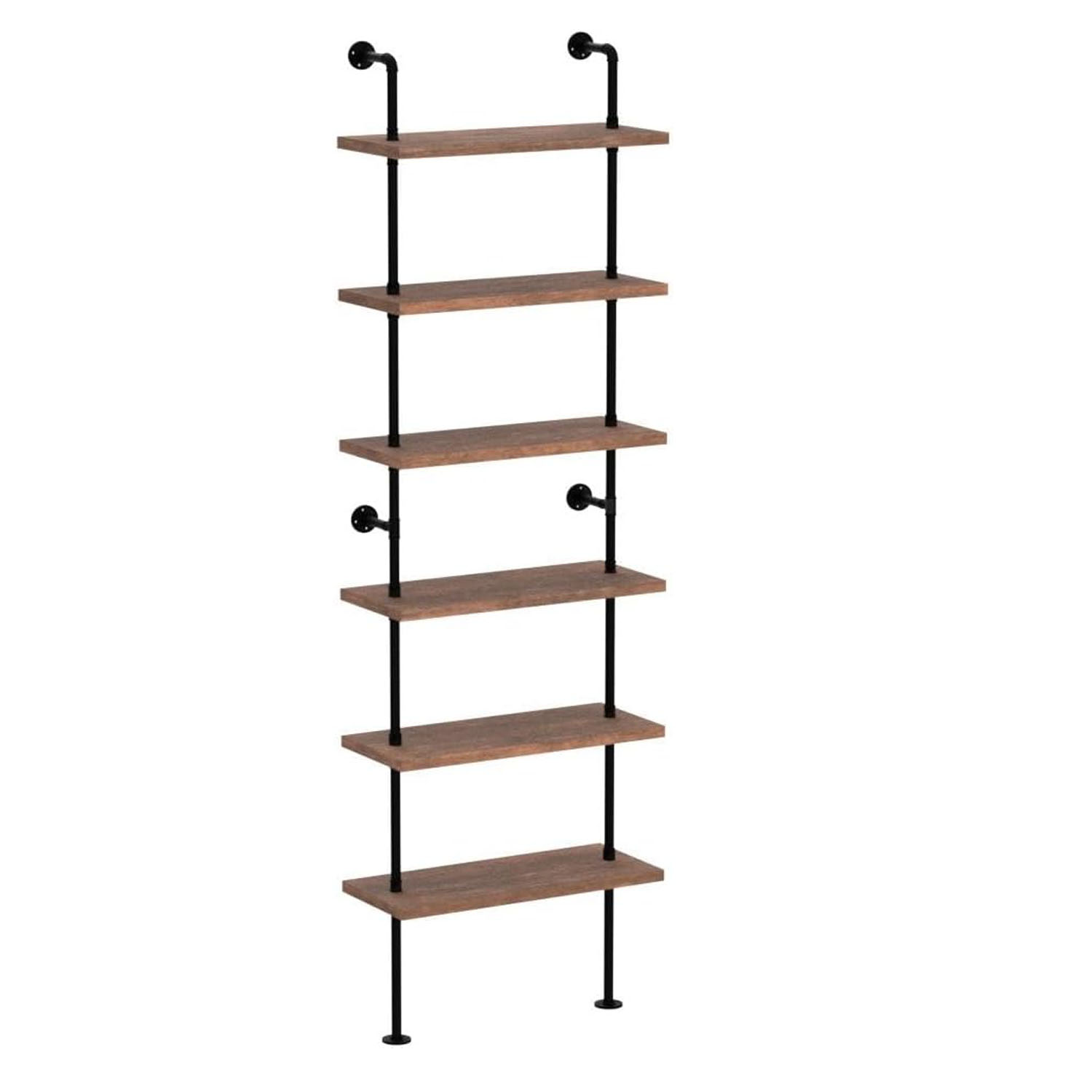 Industrial Pipe Bookshelf 24 Inch - Weathered Brown Wall Mounted Shelf with Solid Pine Wood & Black Iron Frame, 5-Tier Open Bookcase for Living Room, Kitchen & Home Office - Image 2