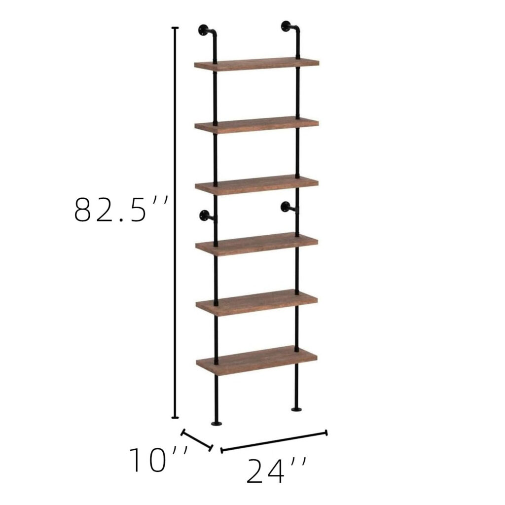 Industrial Pipe Bookshelf 24 Inch - Weathered Brown Wall Mounted Shelf with Solid Pine Wood & Black Iron Frame, 5-Tier Open Bookcase for Living Room, Kitchen & Home Office