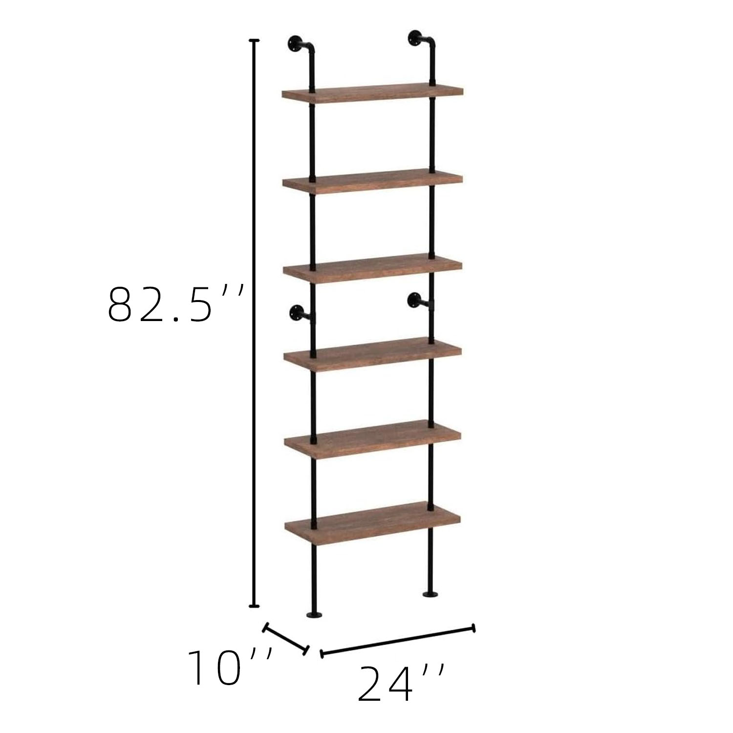 Industrial Pipe Bookshelf 24 Inch - Weathered Brown Wall Mounted Shelf with Solid Pine Wood & Black Iron Frame, 5-Tier Open Bookcase for Living Room, Kitchen & Home Office