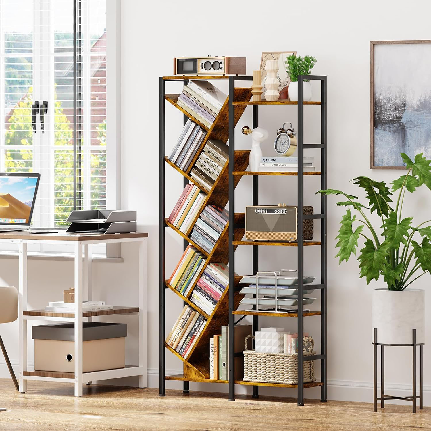 5-Tier Double Wide Industrial Bookshelf 67" - Tree & Ladder Design with 14 Open Shelves, Wood and Metal Storage Rack, Large Vintage Display Bookcase for Living Room, Home Office & Bedroom - Image 2