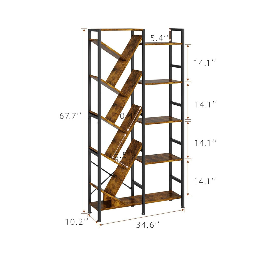 5-Tier Double Wide Industrial Bookshelf 67" - Tree & Ladder Design with 14 Open Shelves, Wood and Metal Storage Rack, Large Vintage Display Bookcase for Living Room, Home Office & Bedroom