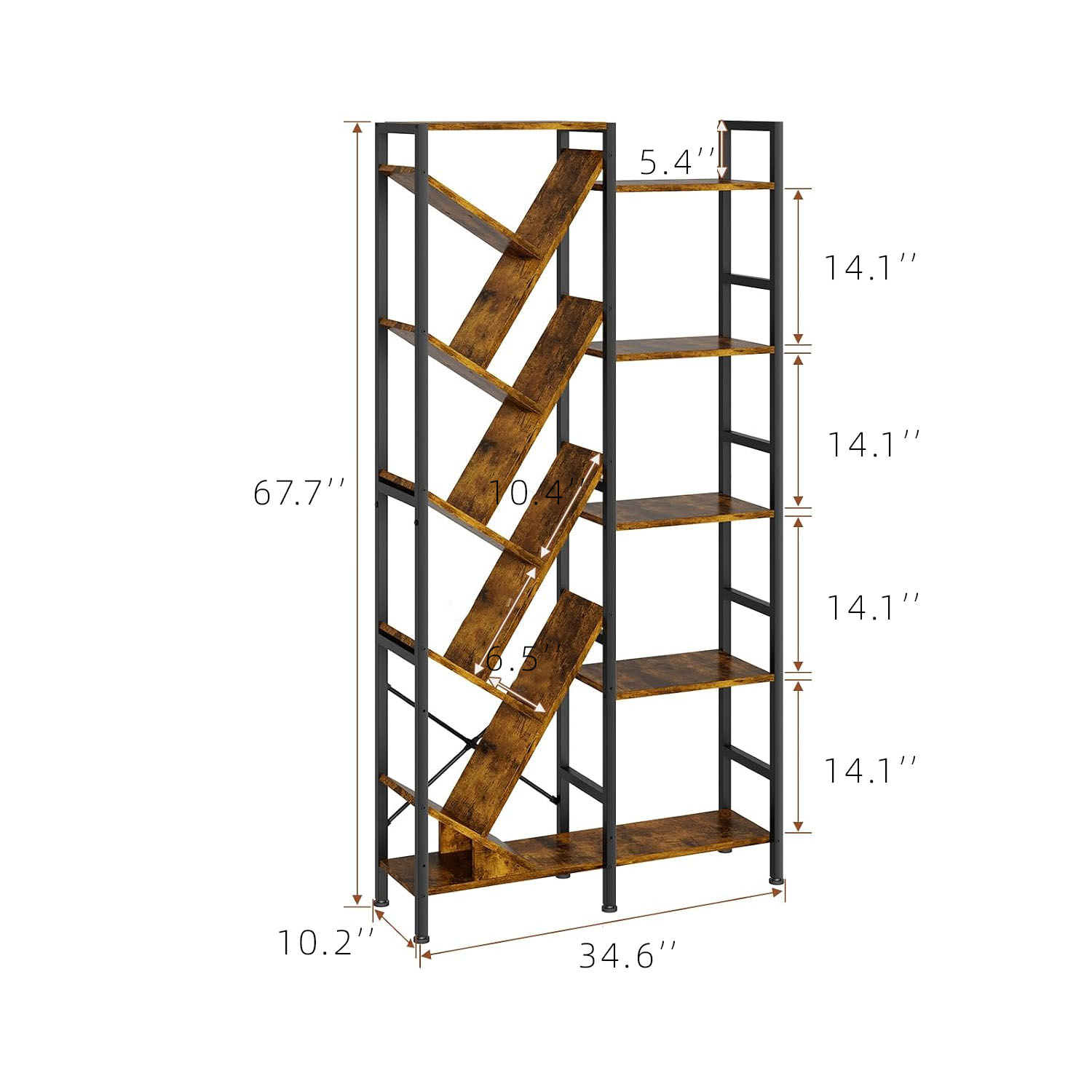5-Tier Double Wide Industrial Bookshelf 67" - Tree & Ladder Design with 14 Open Shelves, Wood and Metal Storage Rack, Large Vintage Display Bookcase for Living Room, Home Office & Bedroom